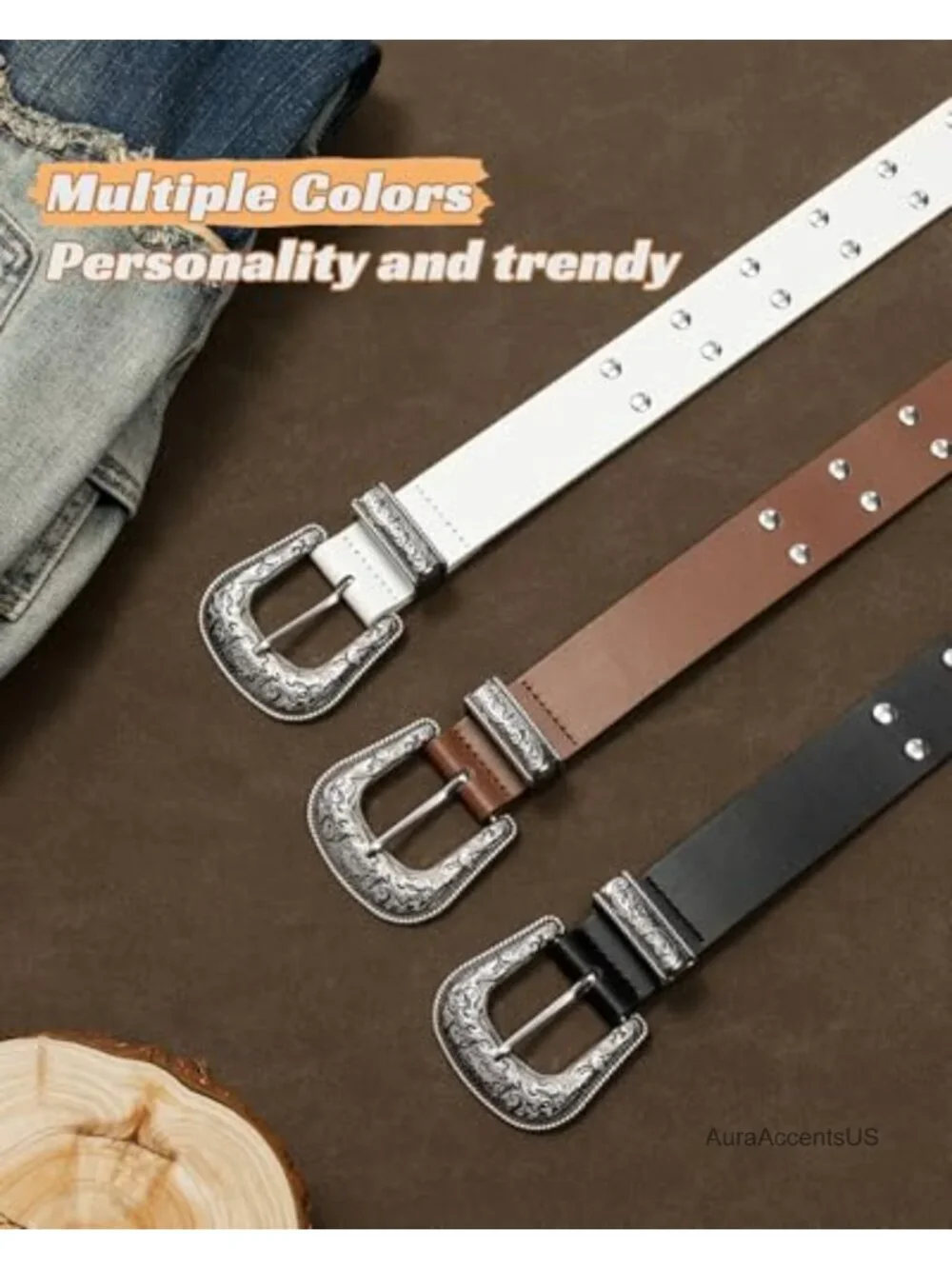 Studded PU Leather Fashion Belt with Western Buckle